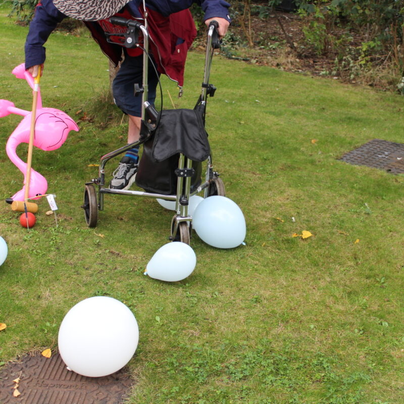 Customer playing flamingo croquet