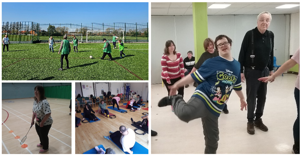 Collage showing people taking part in physical activities at a day service. Images include a walking football session on an outdoor sports pitch, a dance and movement activity in a community room, an indoor sports activity with a racket and shuttlecock, and a group exercise session using mats. The photographs highlight opportunities to stay active, improve wellbeing, build confidence and take part in activities with others.