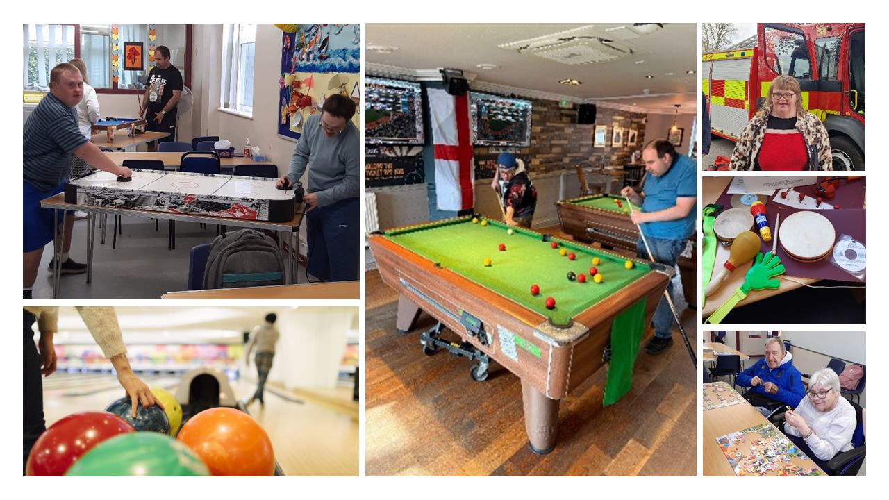 Collage showing people taking part in social and leisure activities at a day service. Images include people playing air hockey, pool and bowling, taking part in music activities with percussion instruments, completing a jigsaw puzzle together, and visiting a local fire station. The photographs highlight opportunities to socialise, enjoy shared interests and take part in community activities.