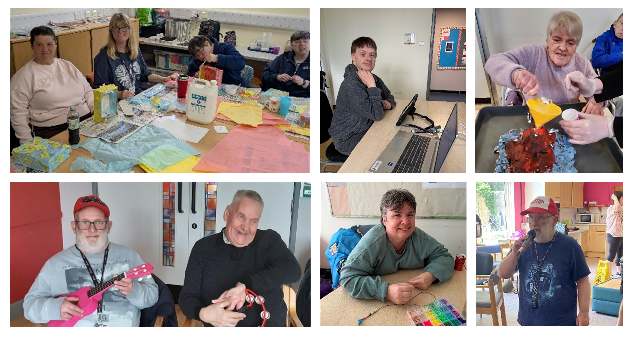 Collage showing people taking part in creative activities at a day service. Images include people making arts and crafts around a table, using a computer, completing a colourful art project, playing musical instruments, singing into a microphone, and creating jewellery. The photographs highlight opportunities for creativity, learning new skills, self-expression and taking part in shared activities.