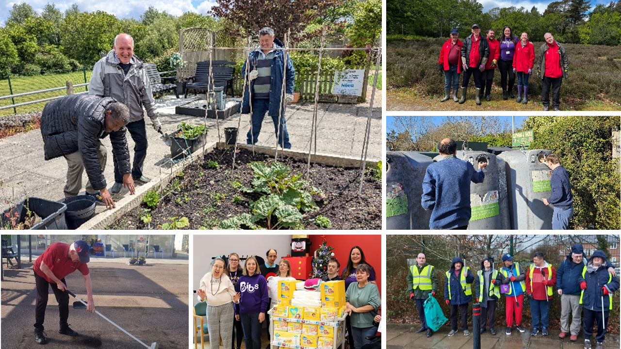 Collage showing people taking part in outdoor and community activities. Images include people gardening in raised beds, helping with conservation work in a nature reserve, using recycling facilities, litter picking, maintaining outdoor spaces, collecting donations for a local charity, and taking part in community clean-up projects. The photographs highlight opportunities to spend time outdoors, learn practical skills, contribute to the local community and take part in environmental projects.