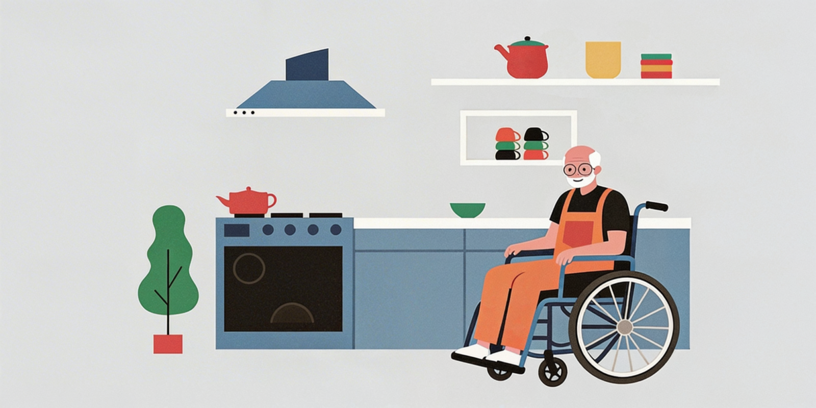 Older person in a wheelchair in kitchen