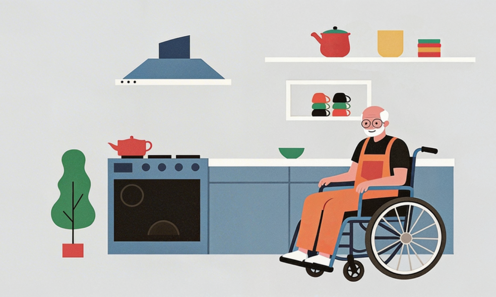 Older person in a wheelchair in kitchen